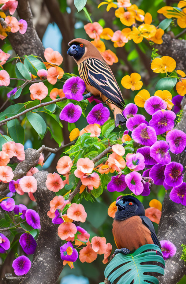 Colorful birds on tree with flowers: A vibrant nature scene