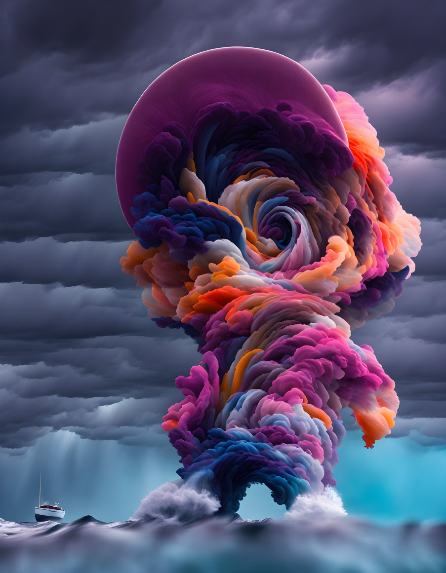 Colorful Cloud Spiral Over Turbulent Ocean with Boat