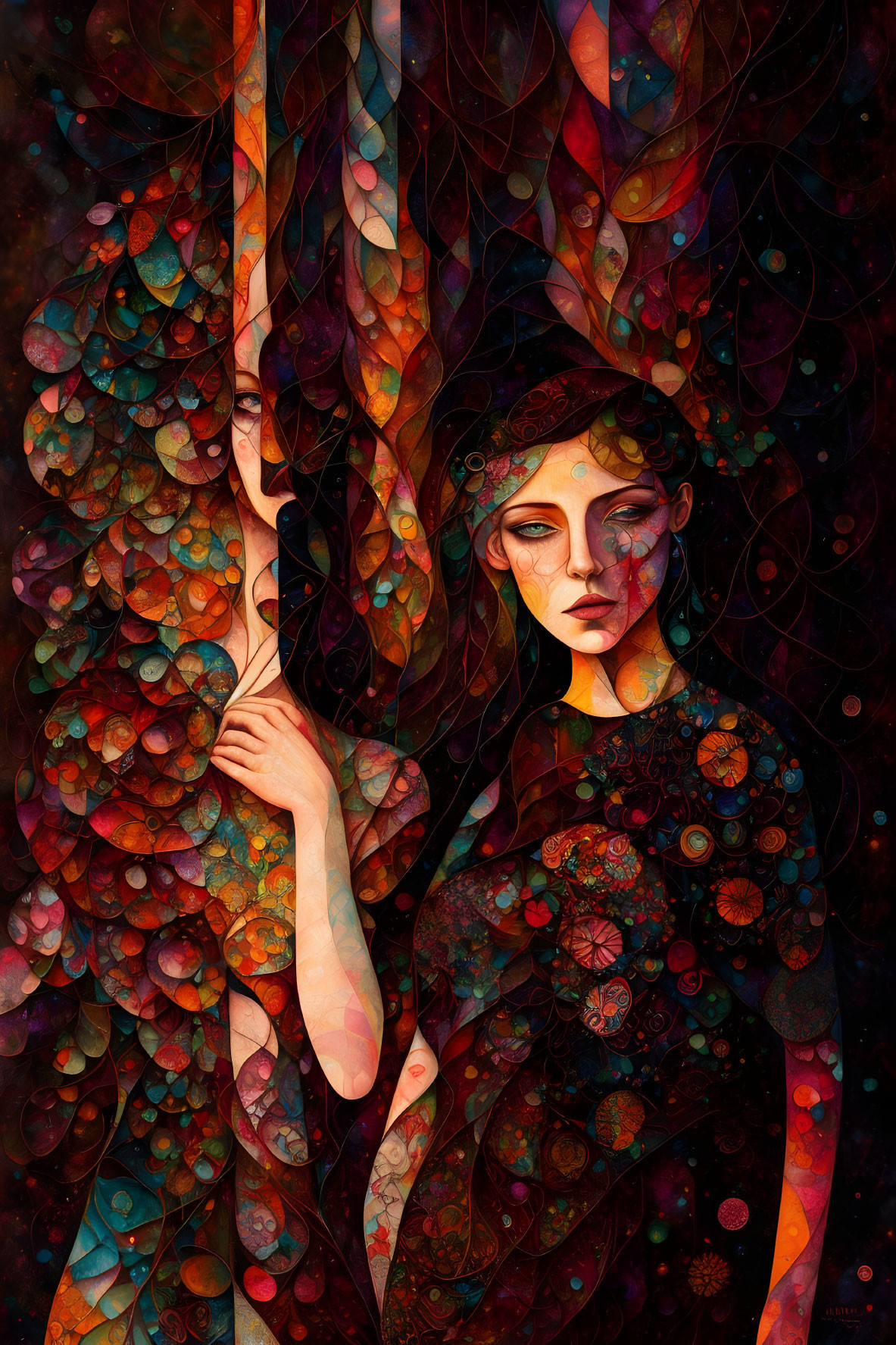 Colorful Artwork of Woman with Stylized Features and Intricate Patterns