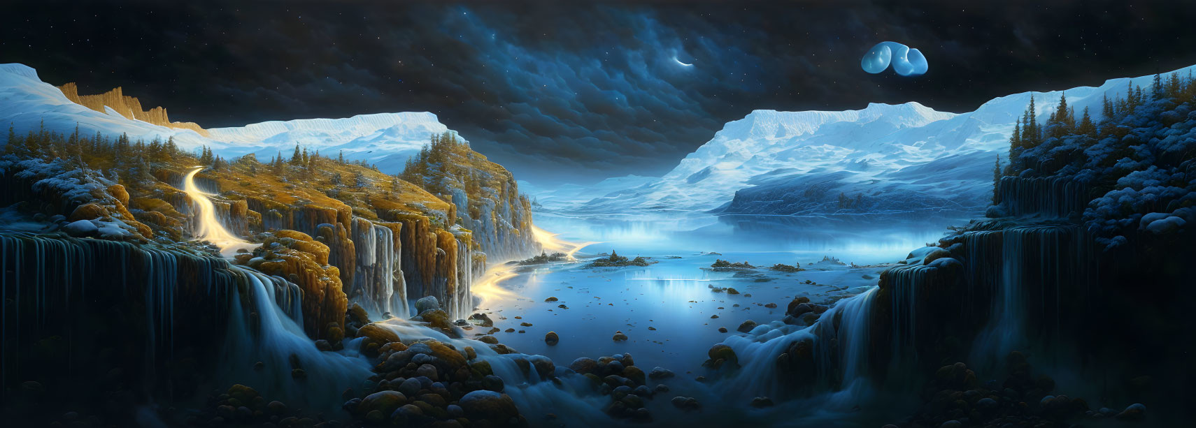 Panoramic fantasy landscape: waterfalls, glowing river, mountains, starry sky, two moons