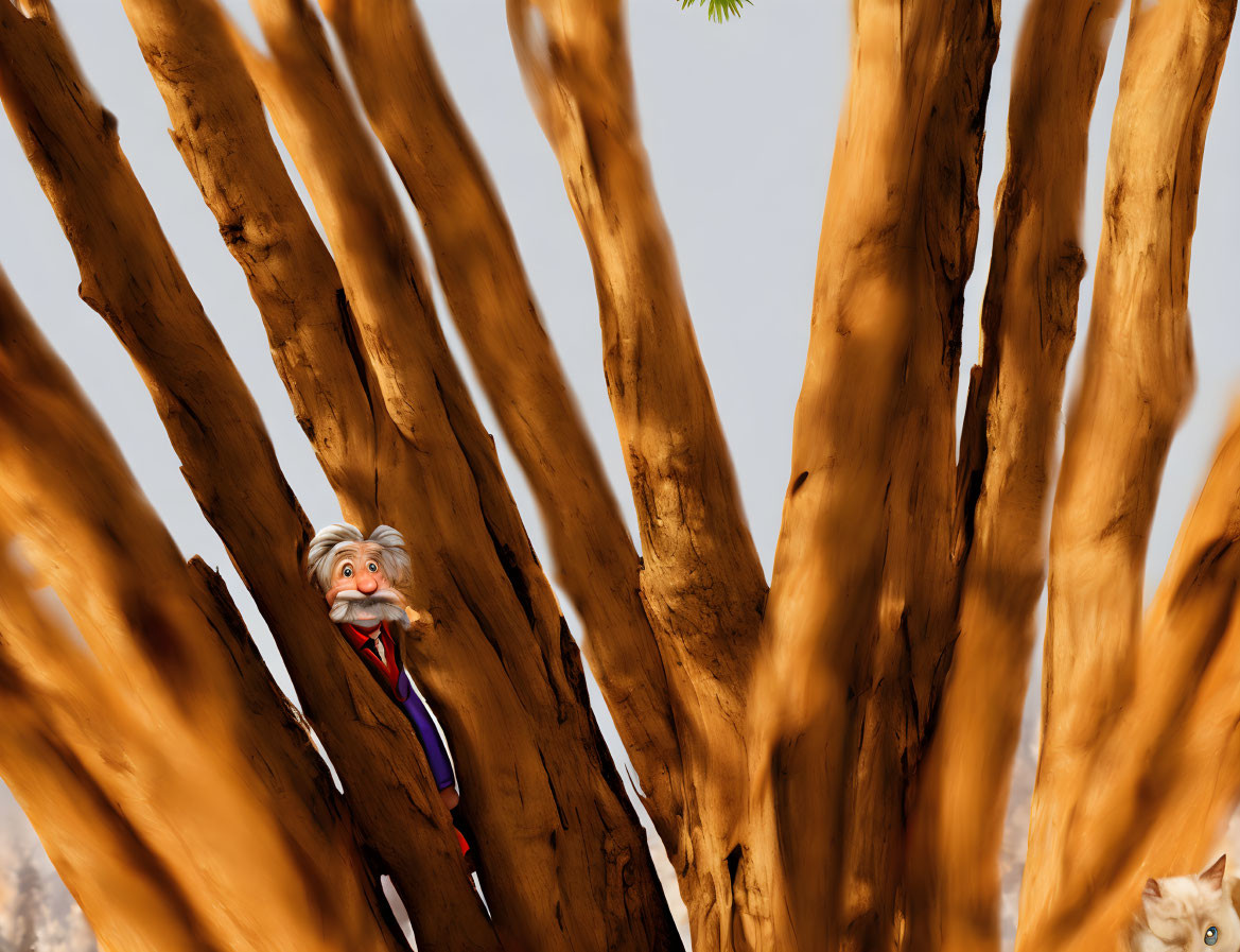 Surprised old man and curious cat in forest scene