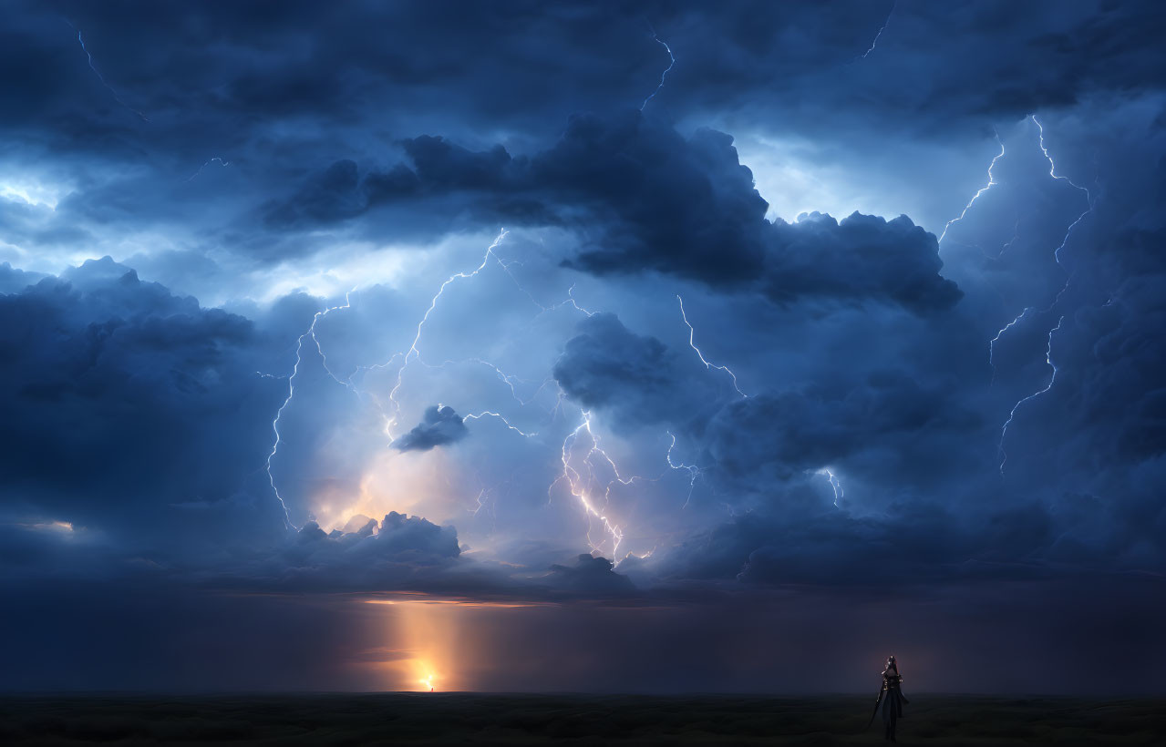 Silhouetted person under dramatic night sky with lightning and sunset horizon