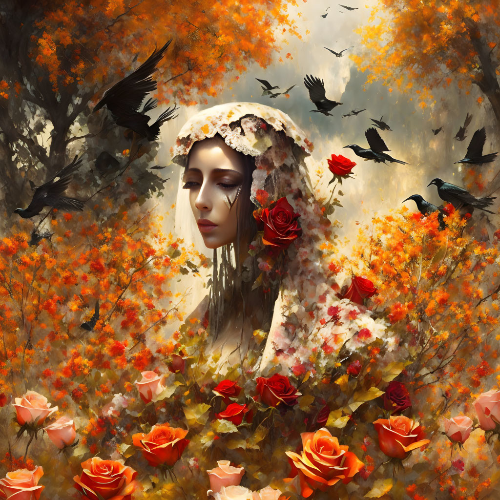 Woman with floral veil, roses, ravens, and autumn backdrop.