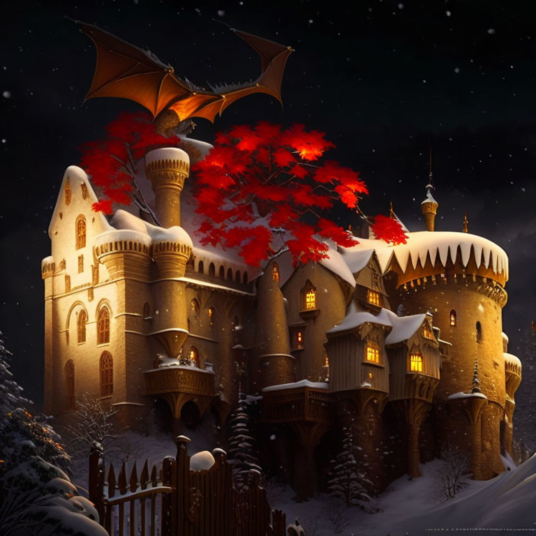 Gothic castle in snowy night with red-leafed tree and bat under starry sky