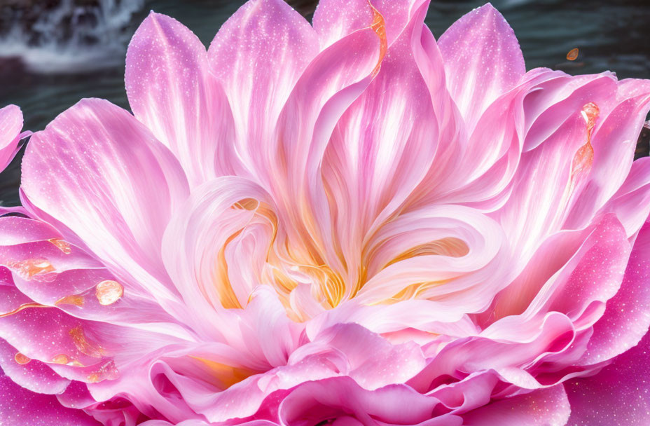 Vibrant pink lotus flower with sparkling water droplets on dark background