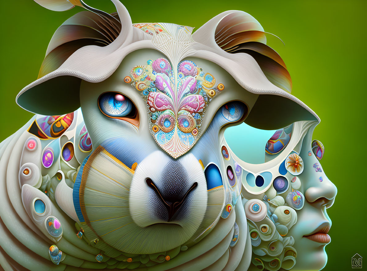 Surreal digital artwork: Stylized ram with intricate patterns and human face blend