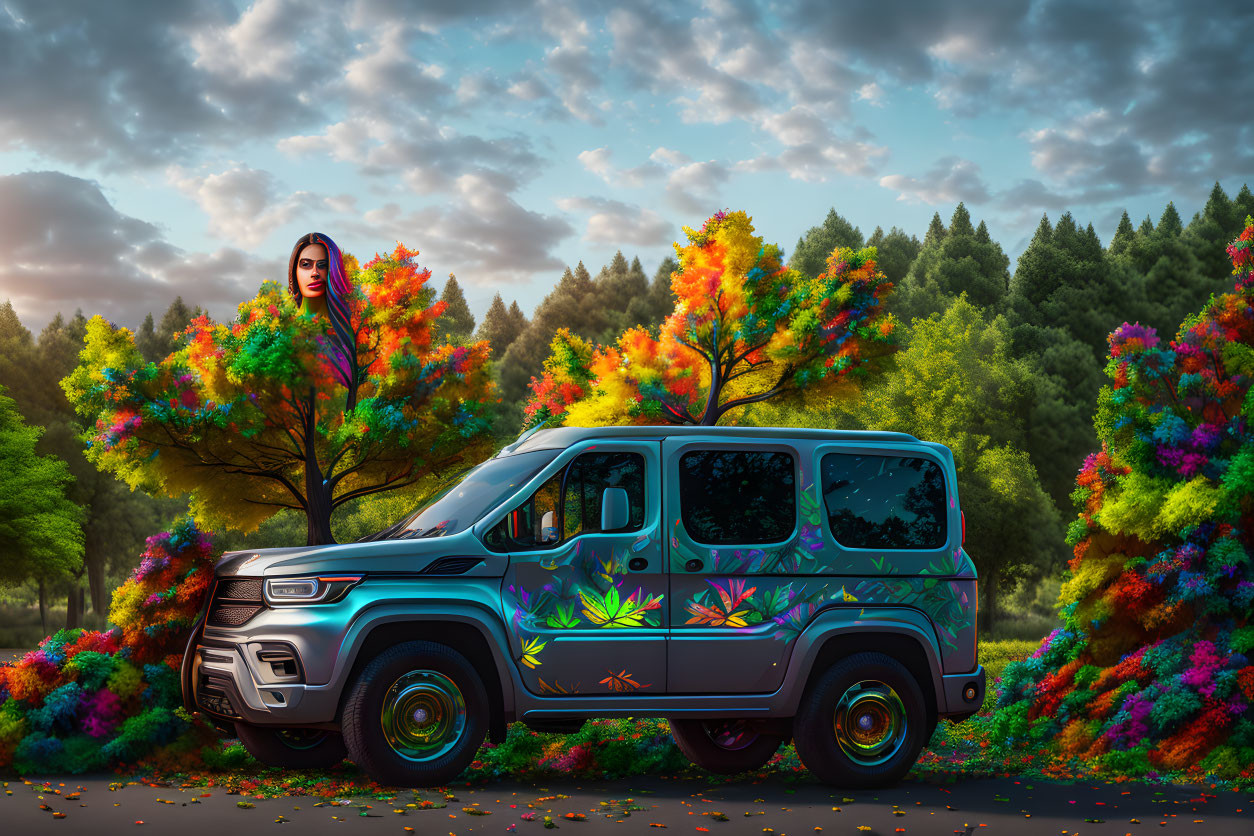 Woman with long hair leaning on colorful floral van in autumn setting