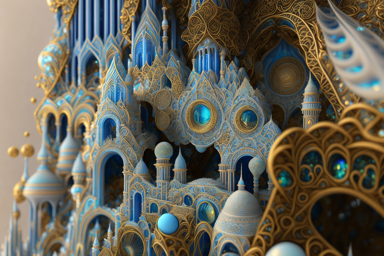 Detailed 3D fractal art: ornate blue & gold architecture