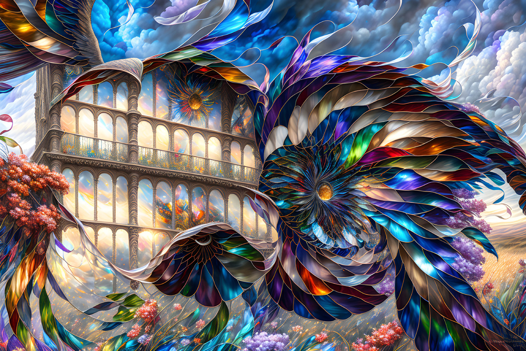 Colorful surreal artwork: spiraling structure, vibrant butterfly wings, dynamic sky