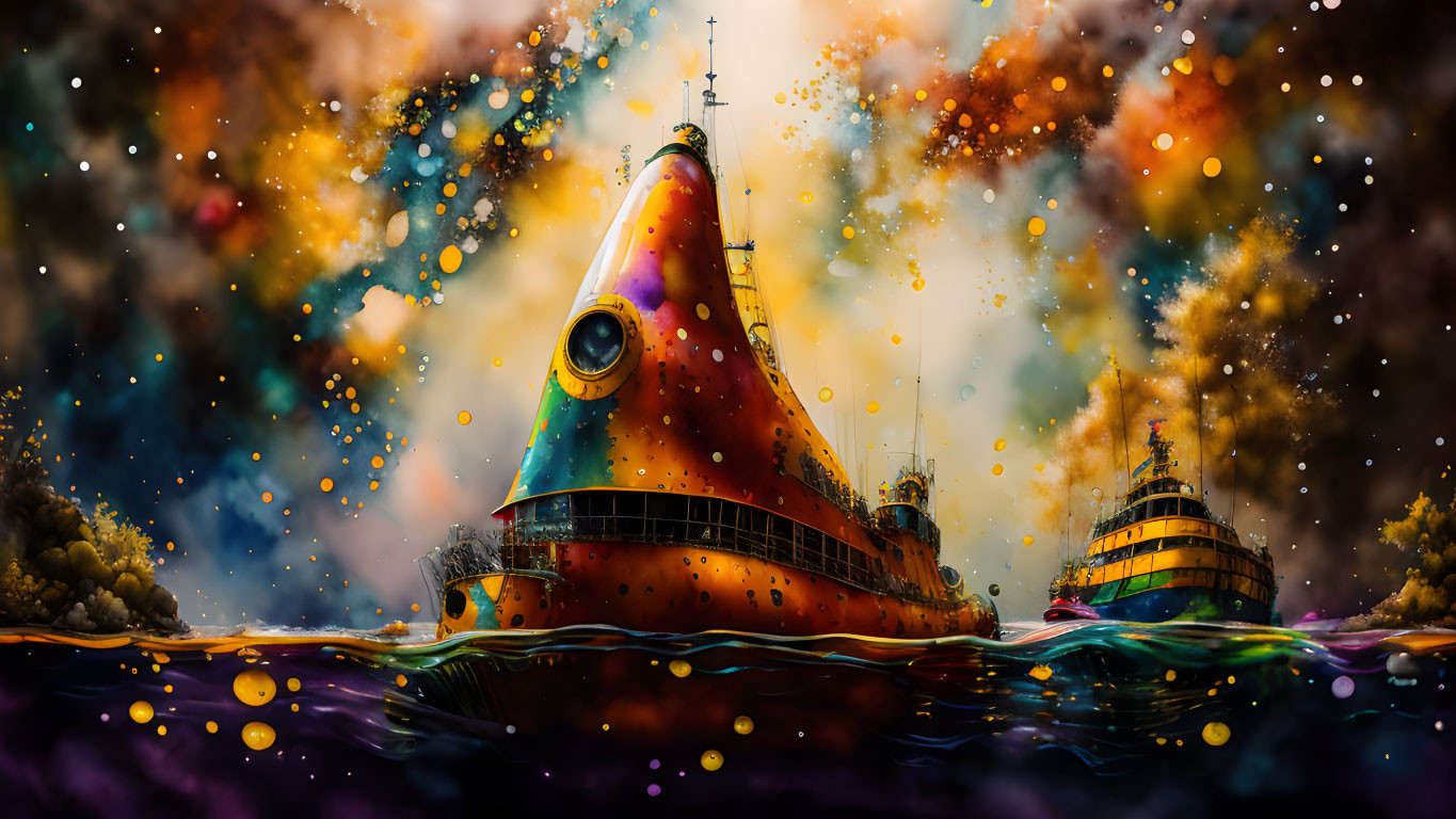 Colorful ships on wavy ocean under starry, paint-splattered sky