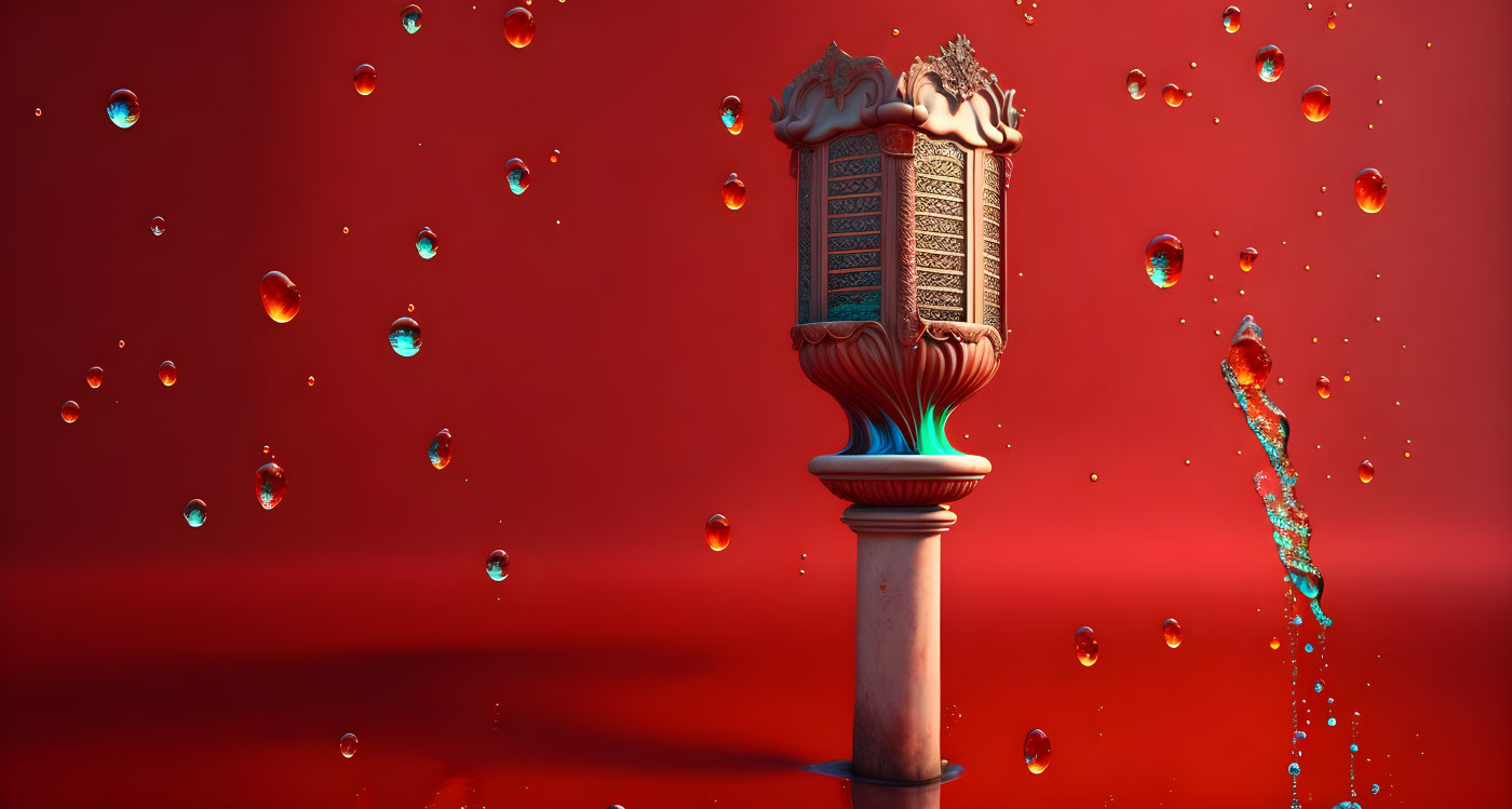 Golden Book on Pedestal with Water Droplets on Red Background