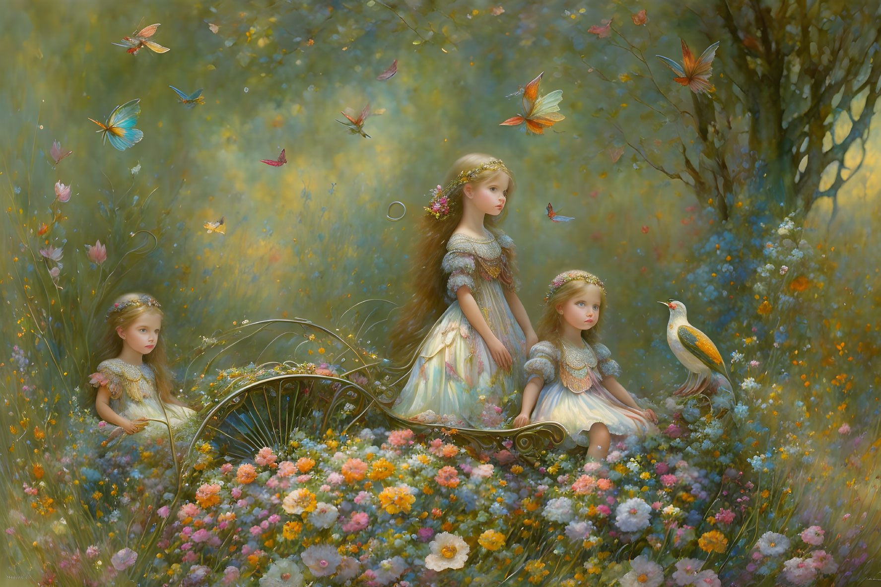 Fantasy girls in vintage dresses with butterflies, flowers, and a peacock in a dreamlike me