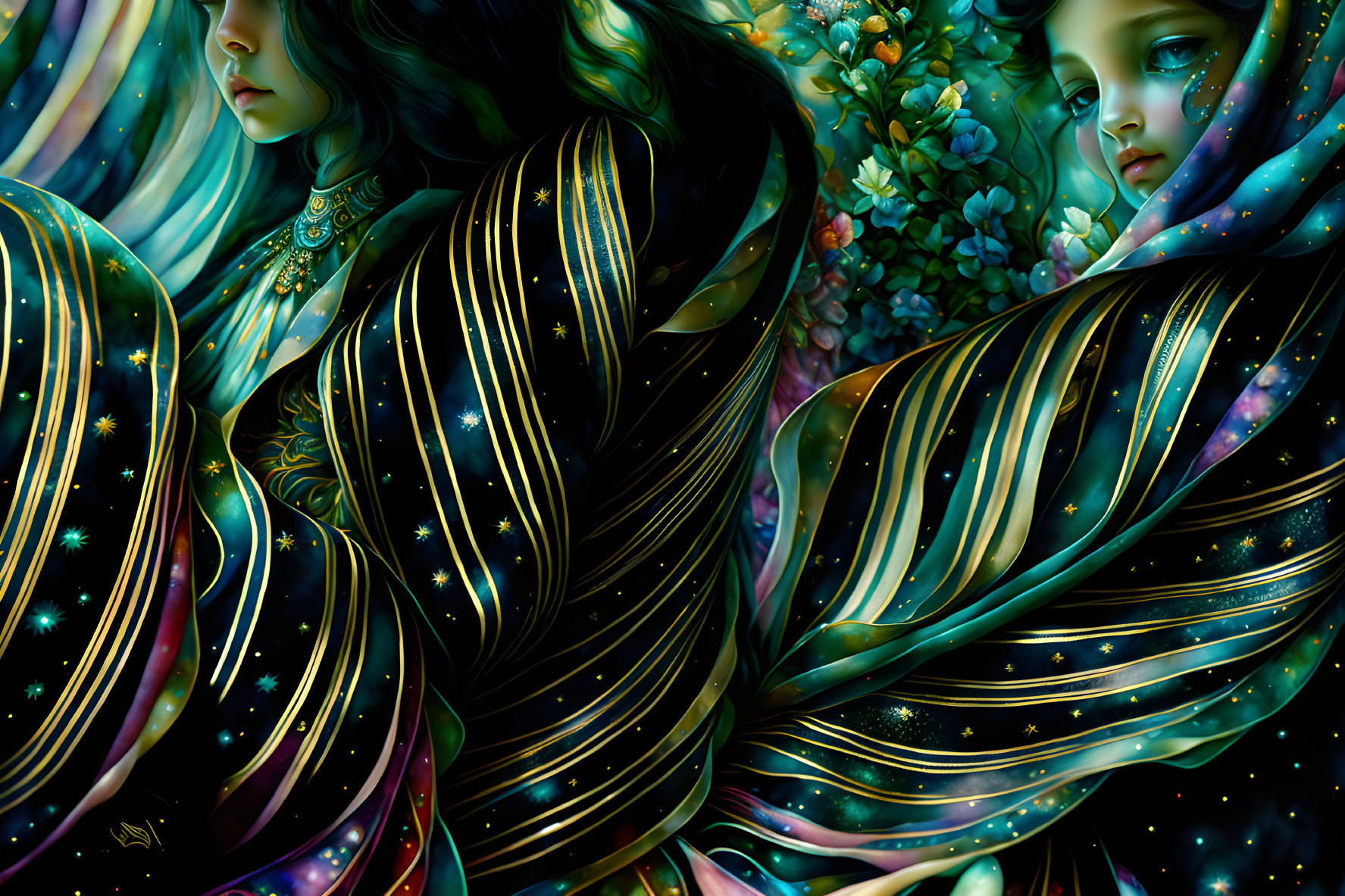 Ethereal figures in celestial robes with vibrant floral backdrop