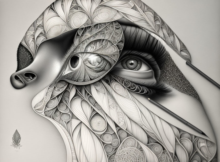 Detailed black and white drawing of stylized animal with ornate patterns.