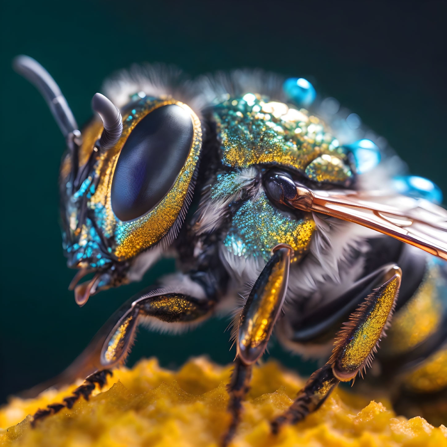 Detailed Macro Shot of Bee with Vibrant Golden and Blue Hues