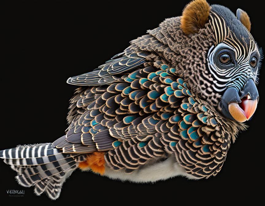 Bird and human hybrid digital art with metallic feather pattern and tribal face markings