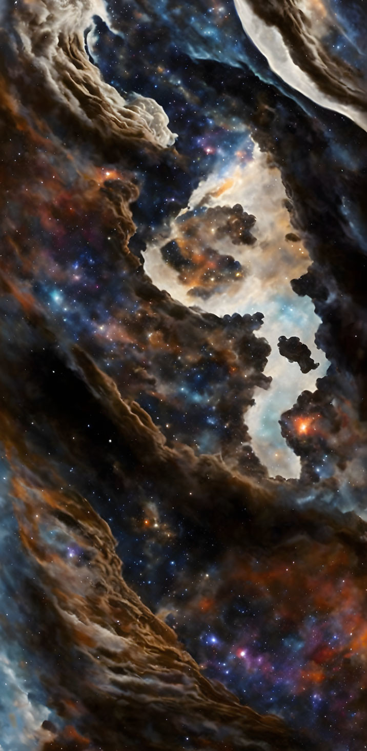 Vibrant stars, crescent moon, and swirling clouds in cosmic scene