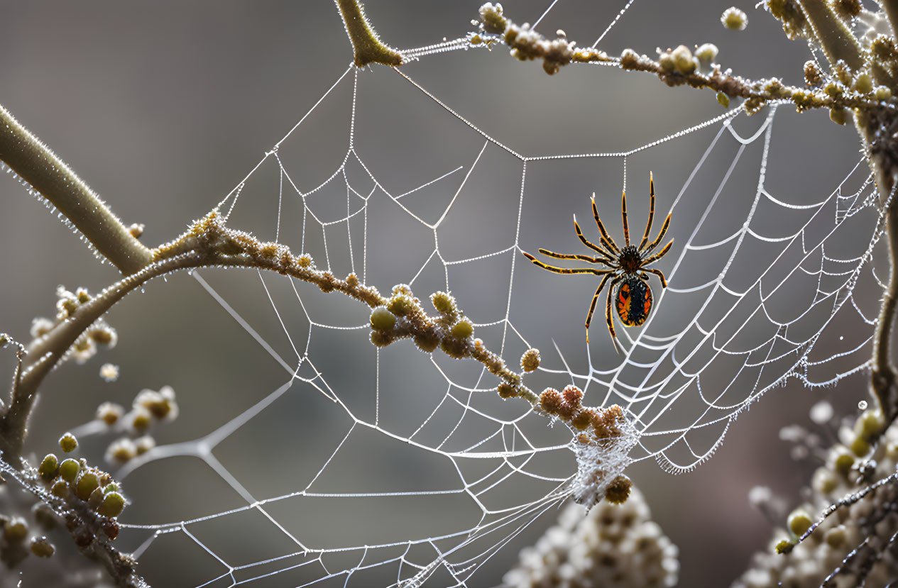 Spider on Dew-Covered Web Among Branches with Buds