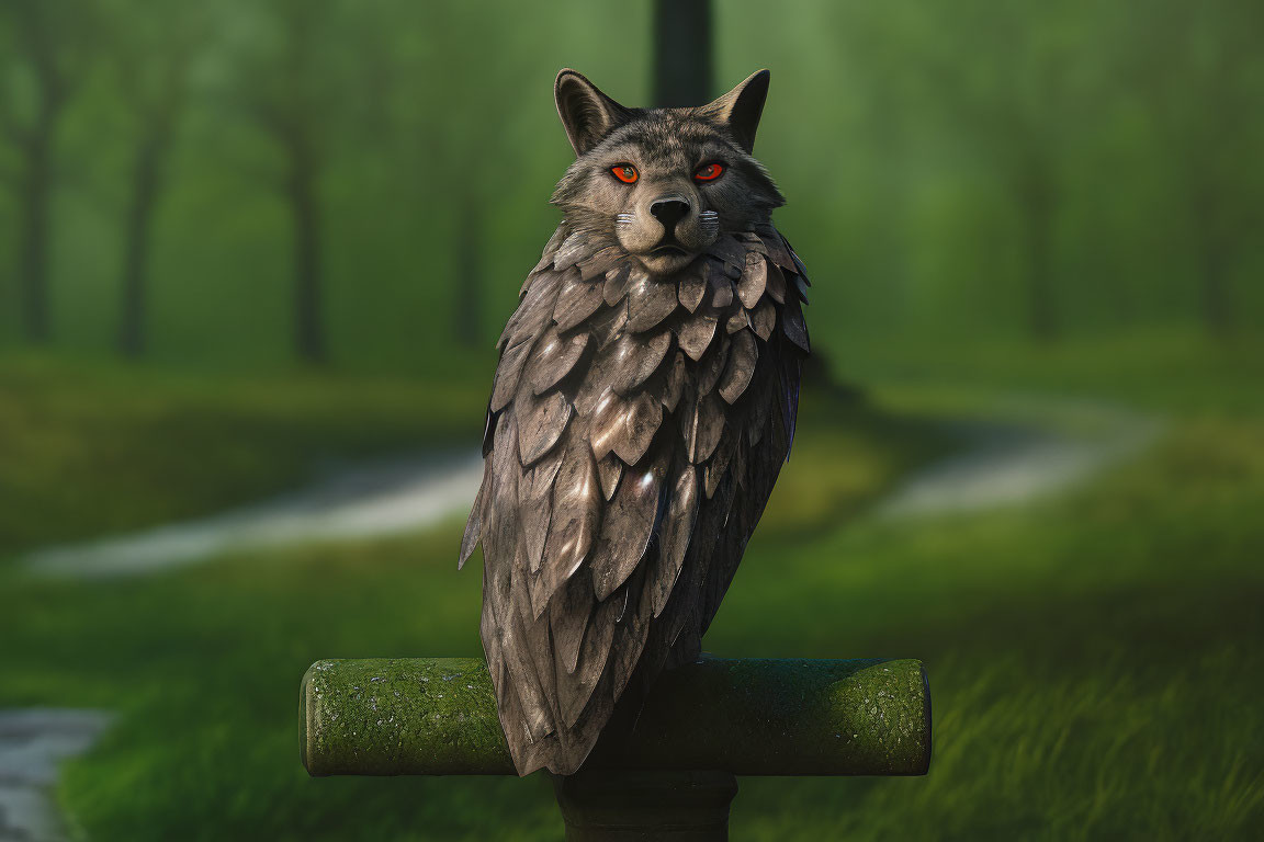 Digital artwork: Wolf head on owl body perched with red eyes on misty path