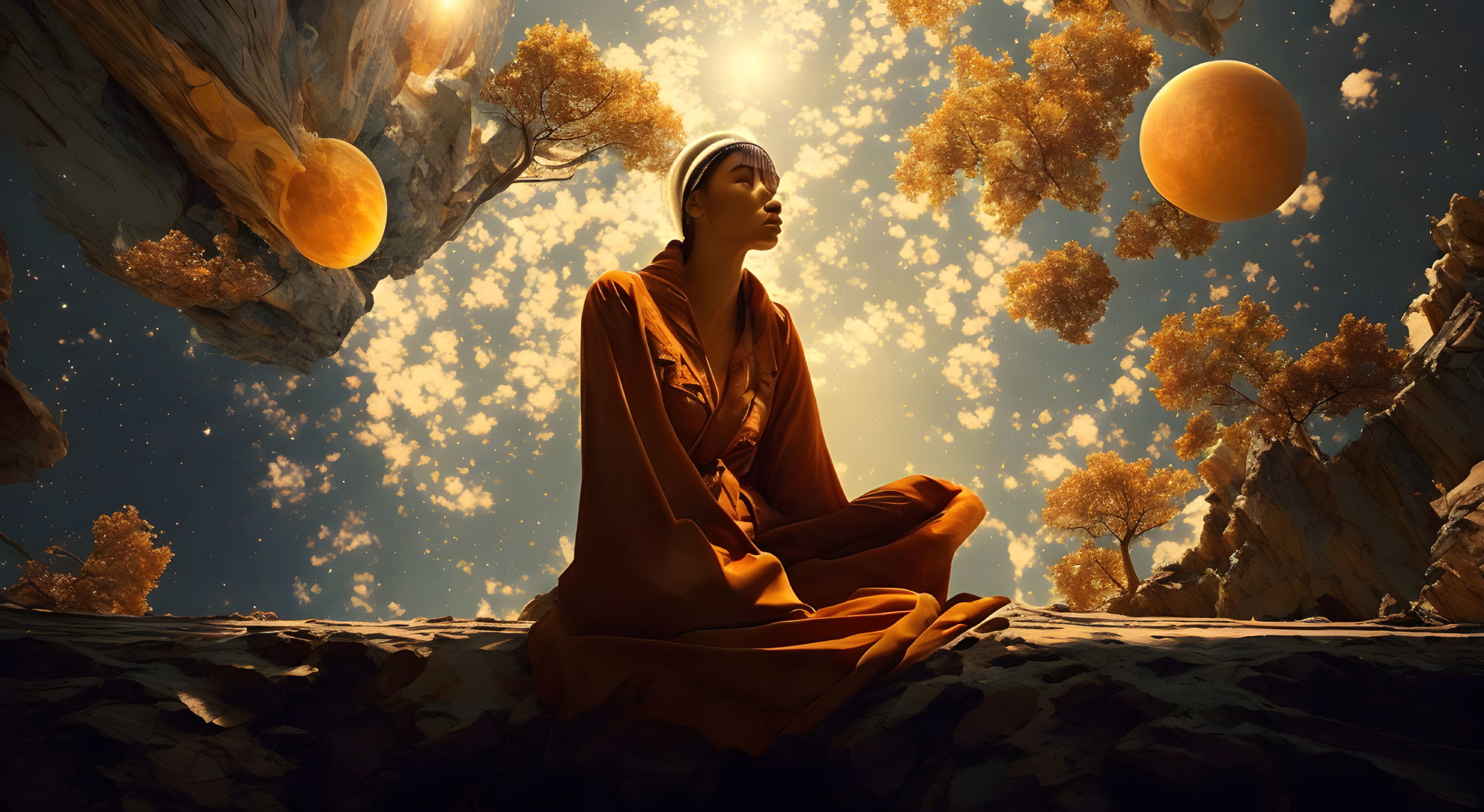 Person in Orange Robes Meditating Among Autumn Trees and Floating Orbs