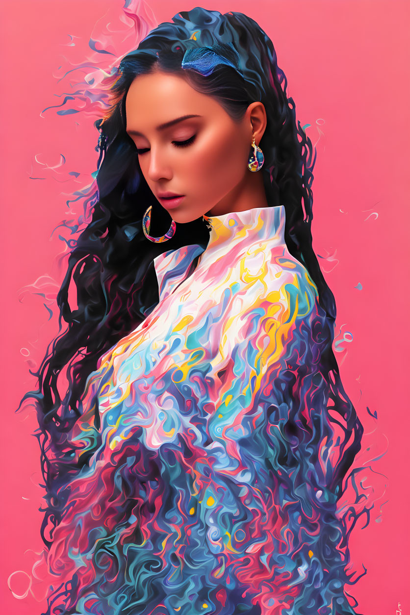 Colorful digital artwork: Woman with flowing patterns on pink background