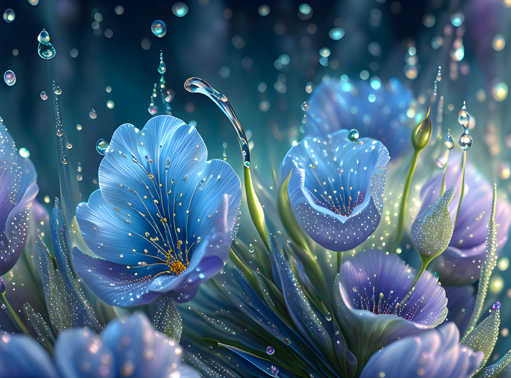 Blue Flowers with Golden Centers in Surreal Setting