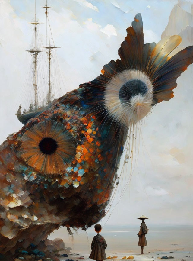 Surreal artwork: Two figures, giant fish tail, ship, cloudy sky