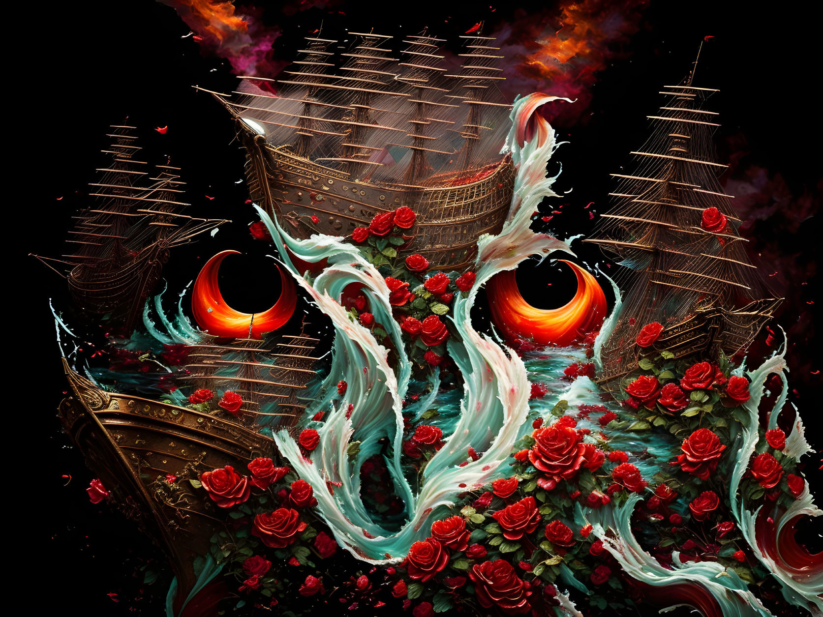 Fantastical ship with multiple sails ensnared by sea creature's tentacles amid roses and fiery