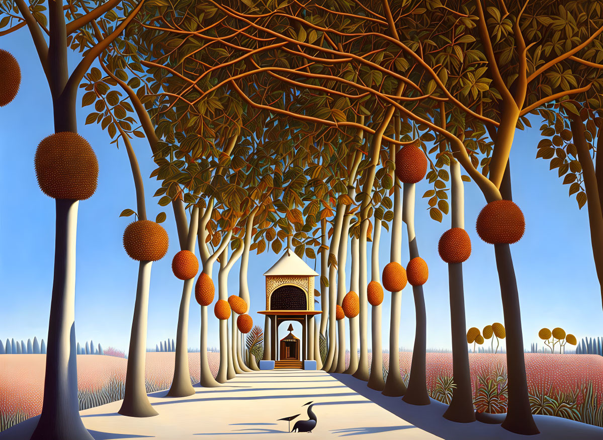 Surreal landscape with oversized oranges, bird, and arched structure