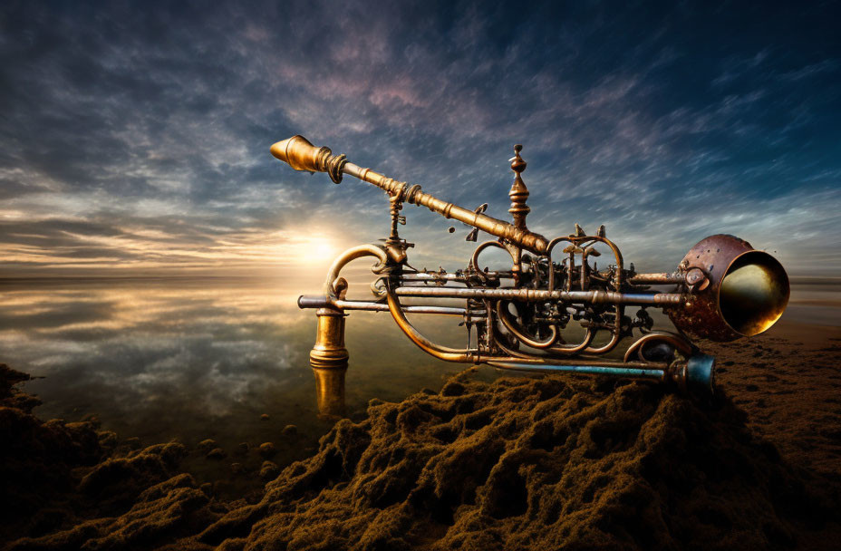 Brass trumpet with decorative elements on sandy surface under dramatic sunset sky