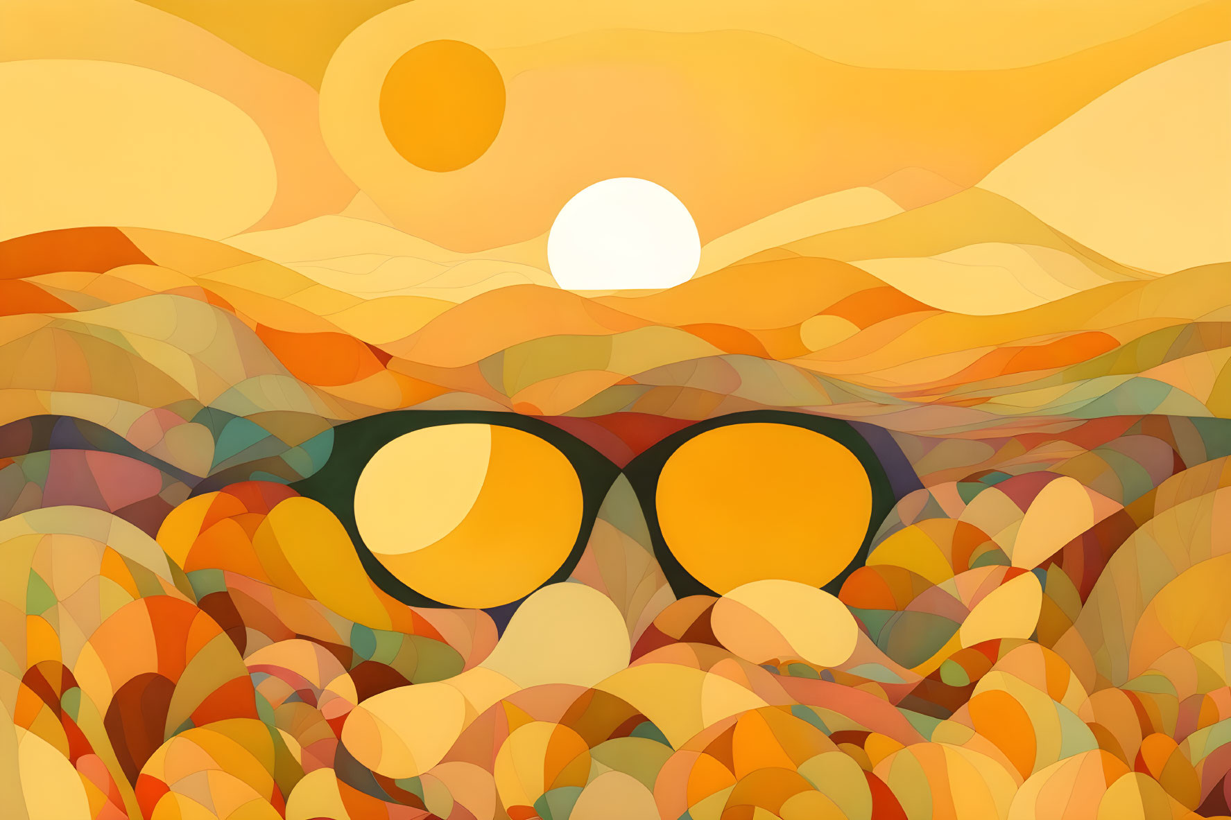 Abstract warm-hued image: rolling hills, eyeglasses, stylized sun and sky