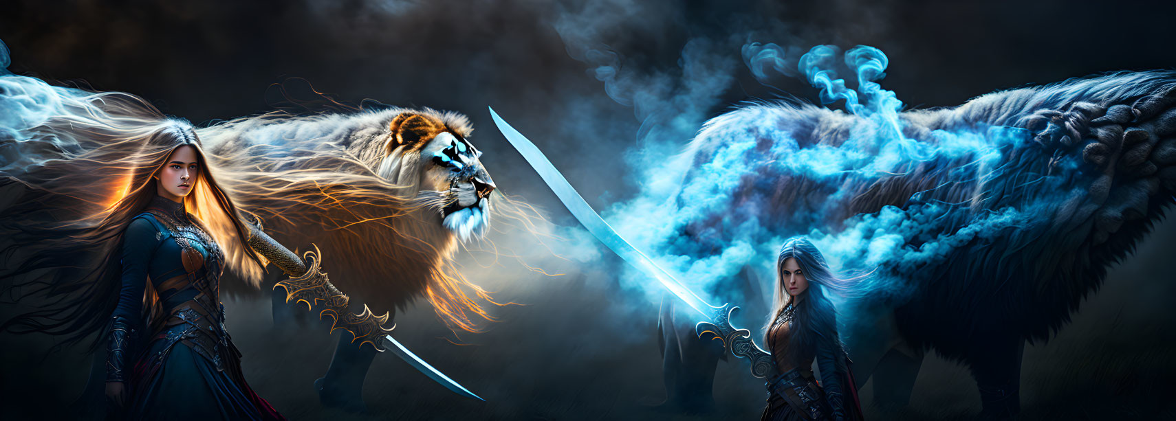 Two Female Warriors with Elemental Spirit Animals in Fantasy Scene