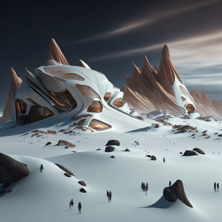 White and Orange Futuristic Building in Snowy Mountain Landscape