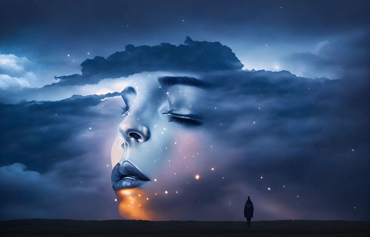 Surreal giant woman's face in night sky with stars and clouds above solitary figure on grassy