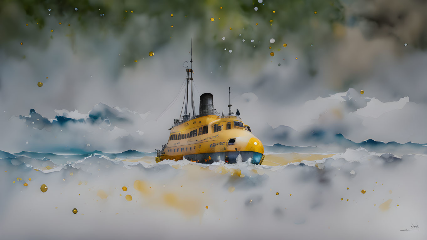 Yellow Ship Battling Turquoise Seas in Stormy Sky