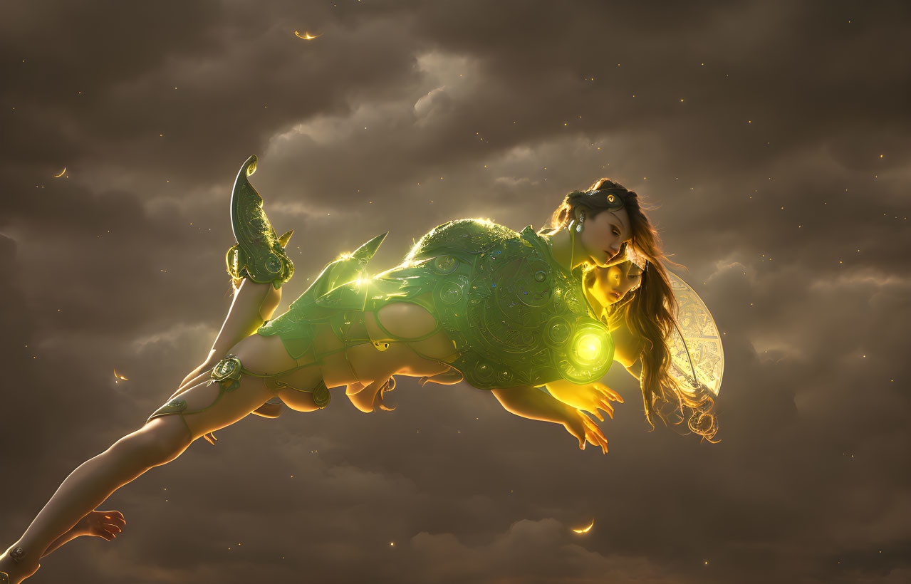 Ethereal fairy with translucent wings in dramatic sky