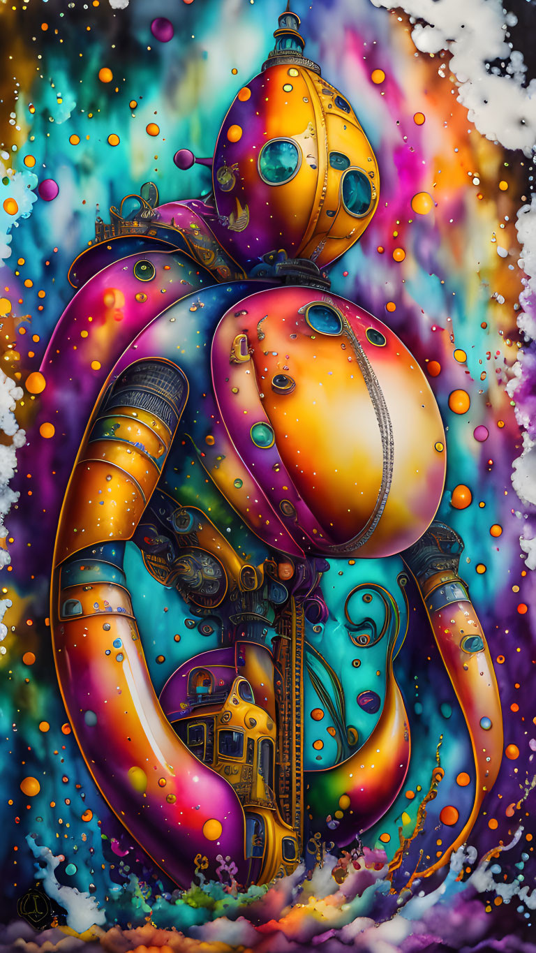 Vibrant steampunk robot illustration with cosmic backdrop