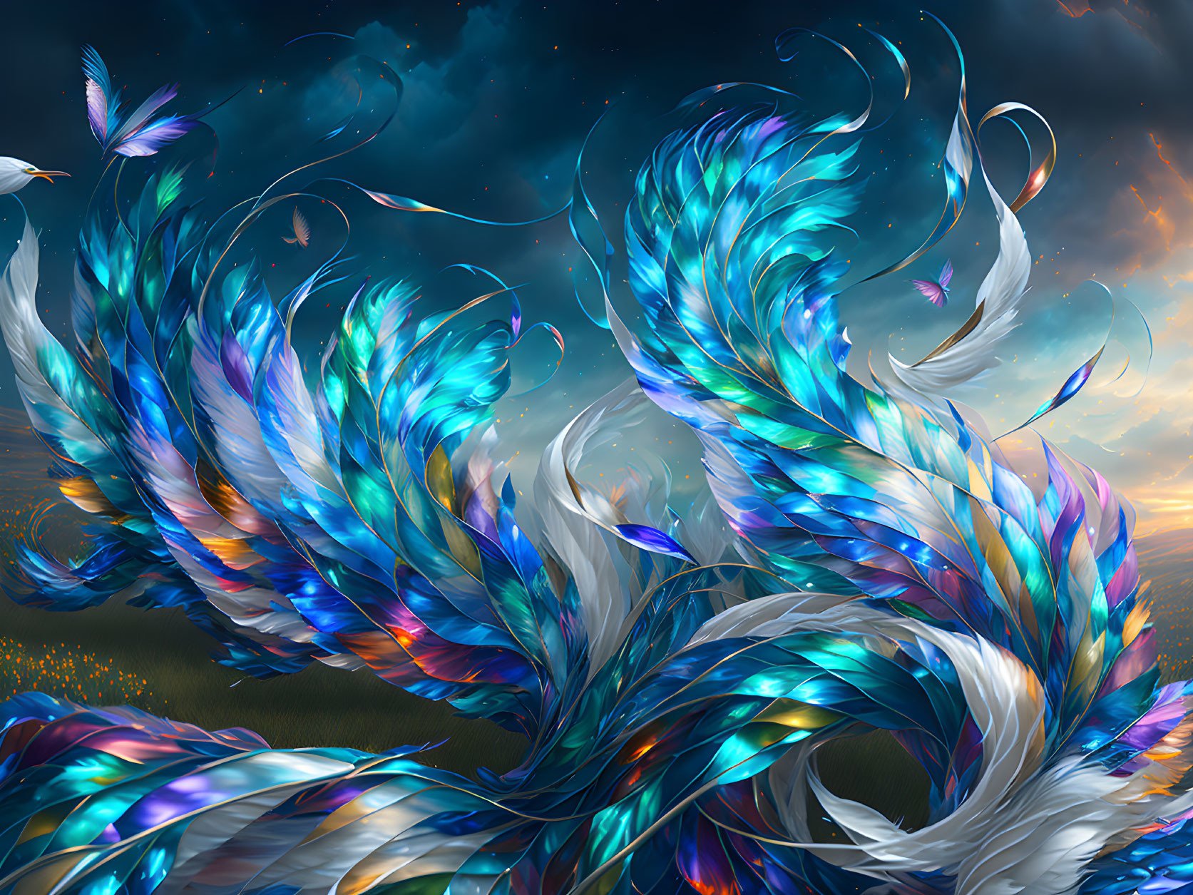 Colorful digital art: Iridescent feathers, butterflies, twilight horizon