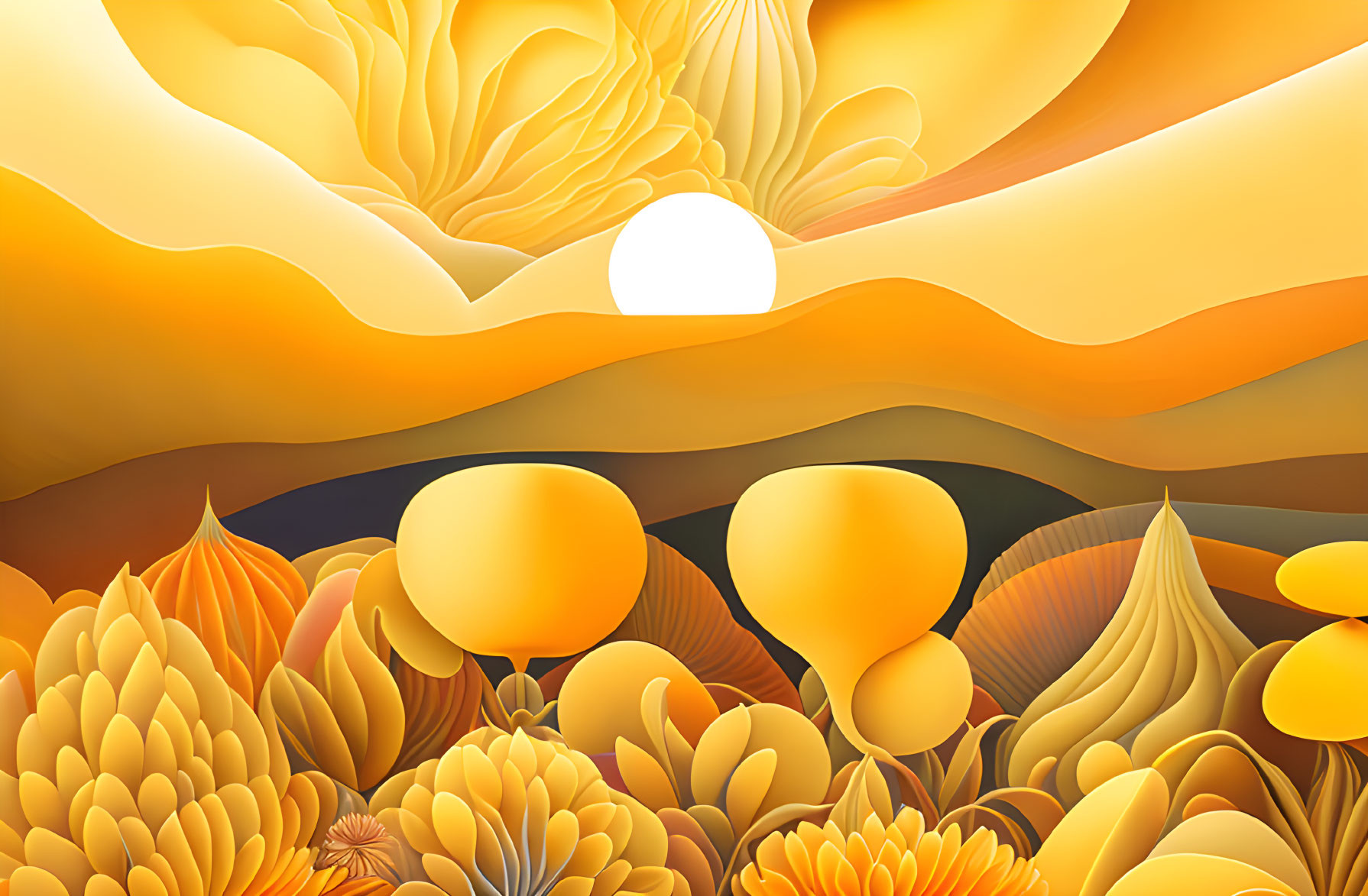 Stylized landscape illustration with floral and organic shapes in warm hues