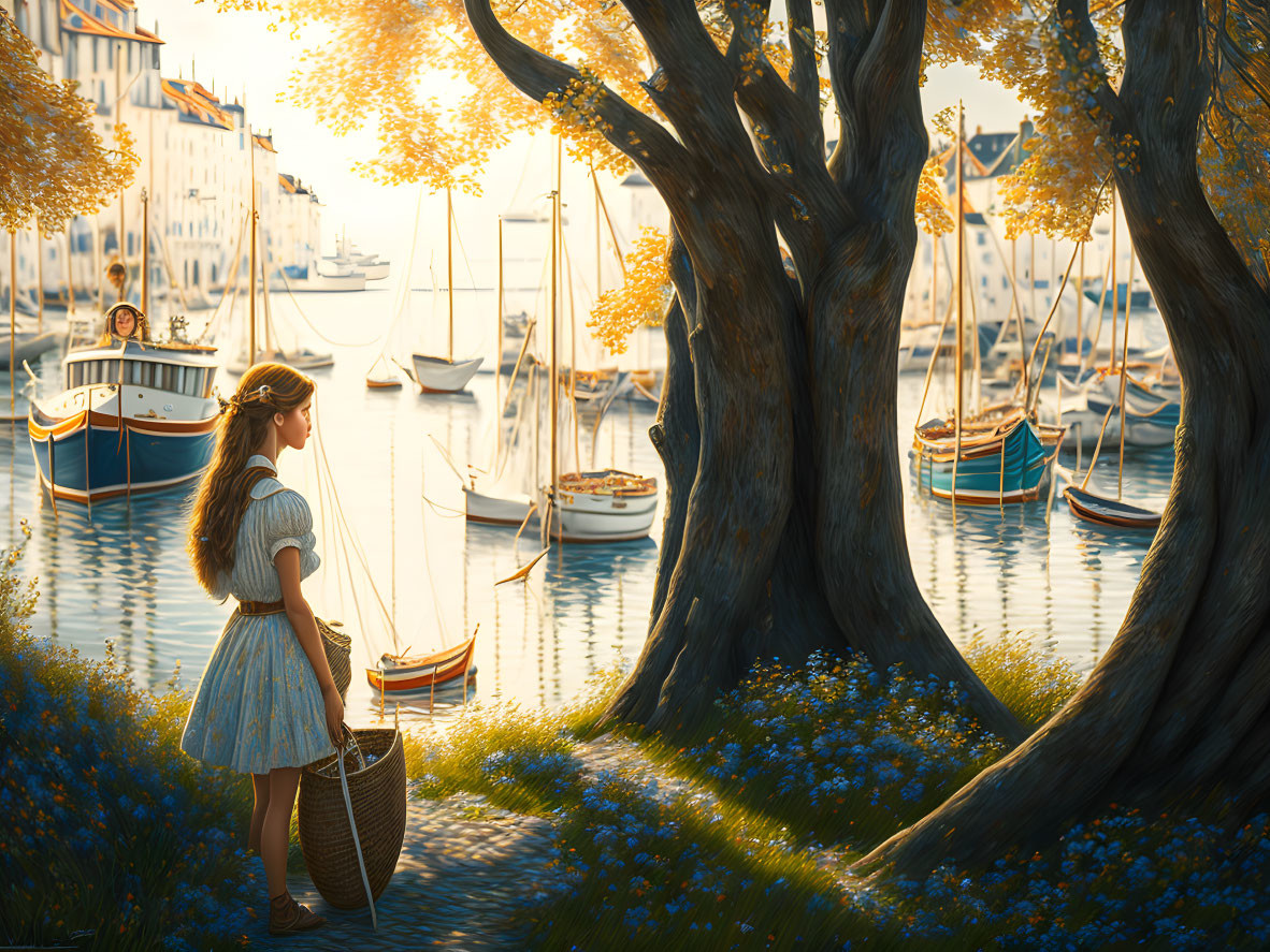 Young girl by the sea with boats on golden water and trees, holding a basket