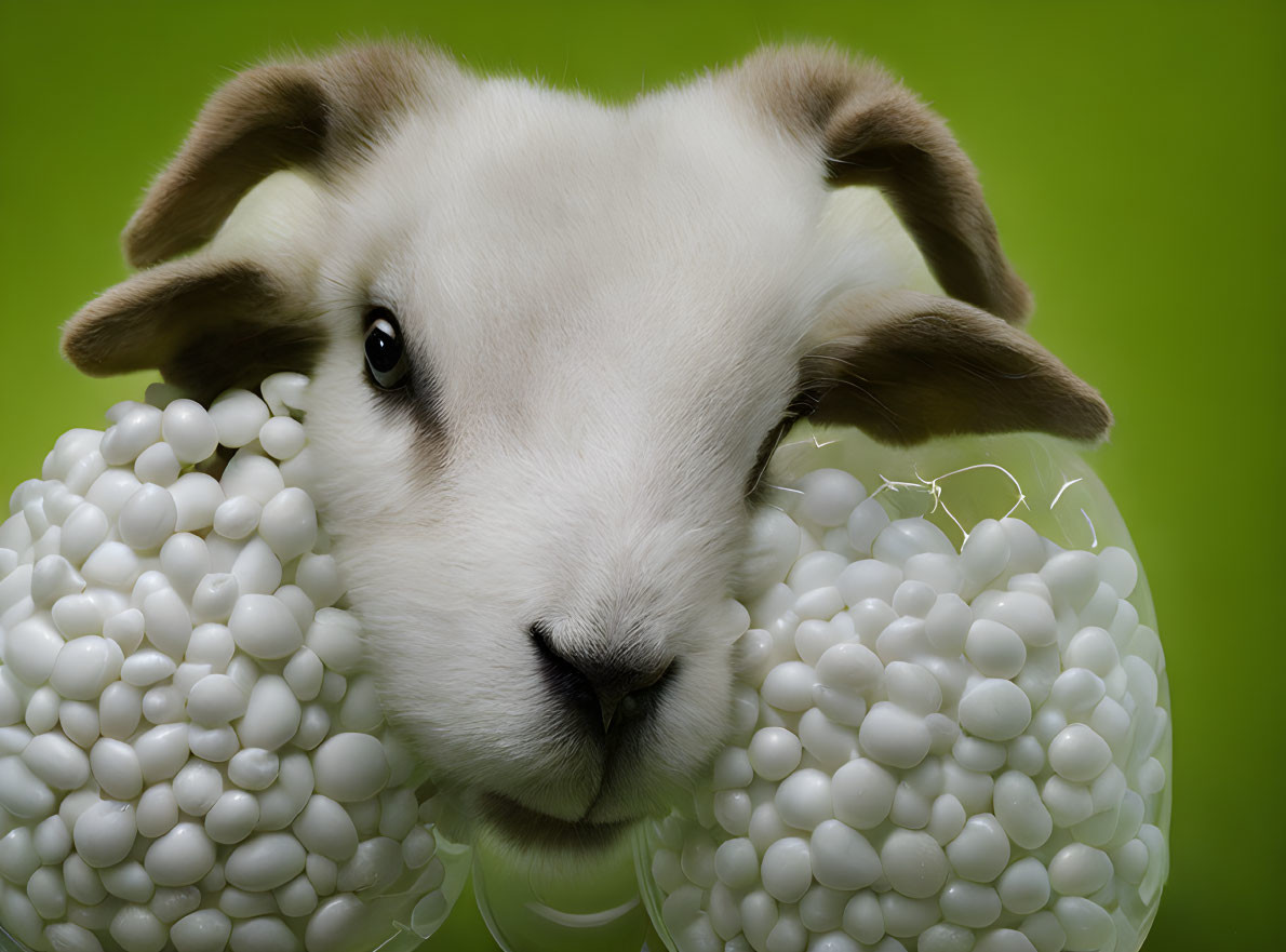 Whimsical lamb sculpture with white sphere clusters on green backdrop