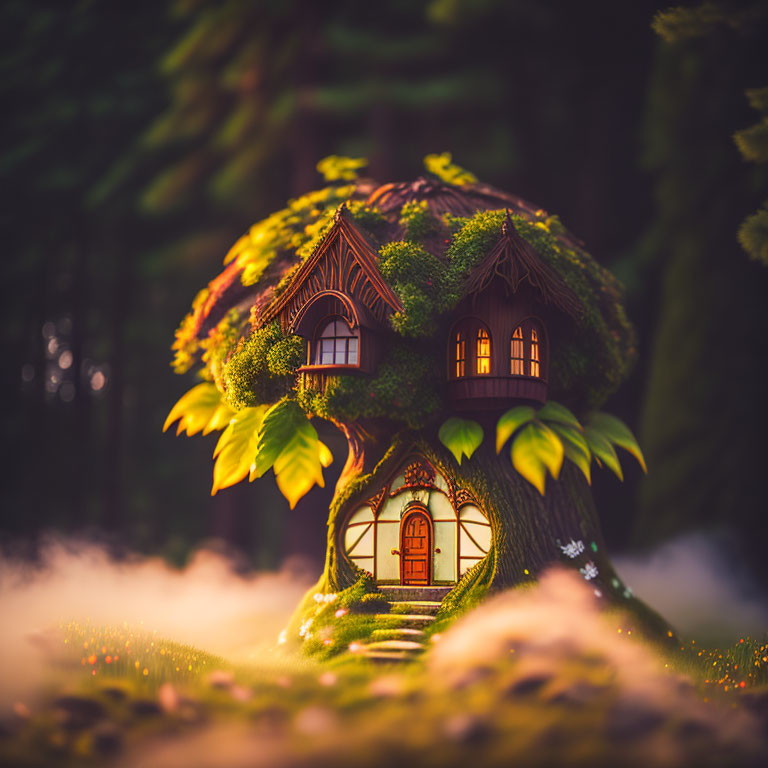 Miniature fairy-tale house in lush green plant with glowing windows and door, enveloped in mystical