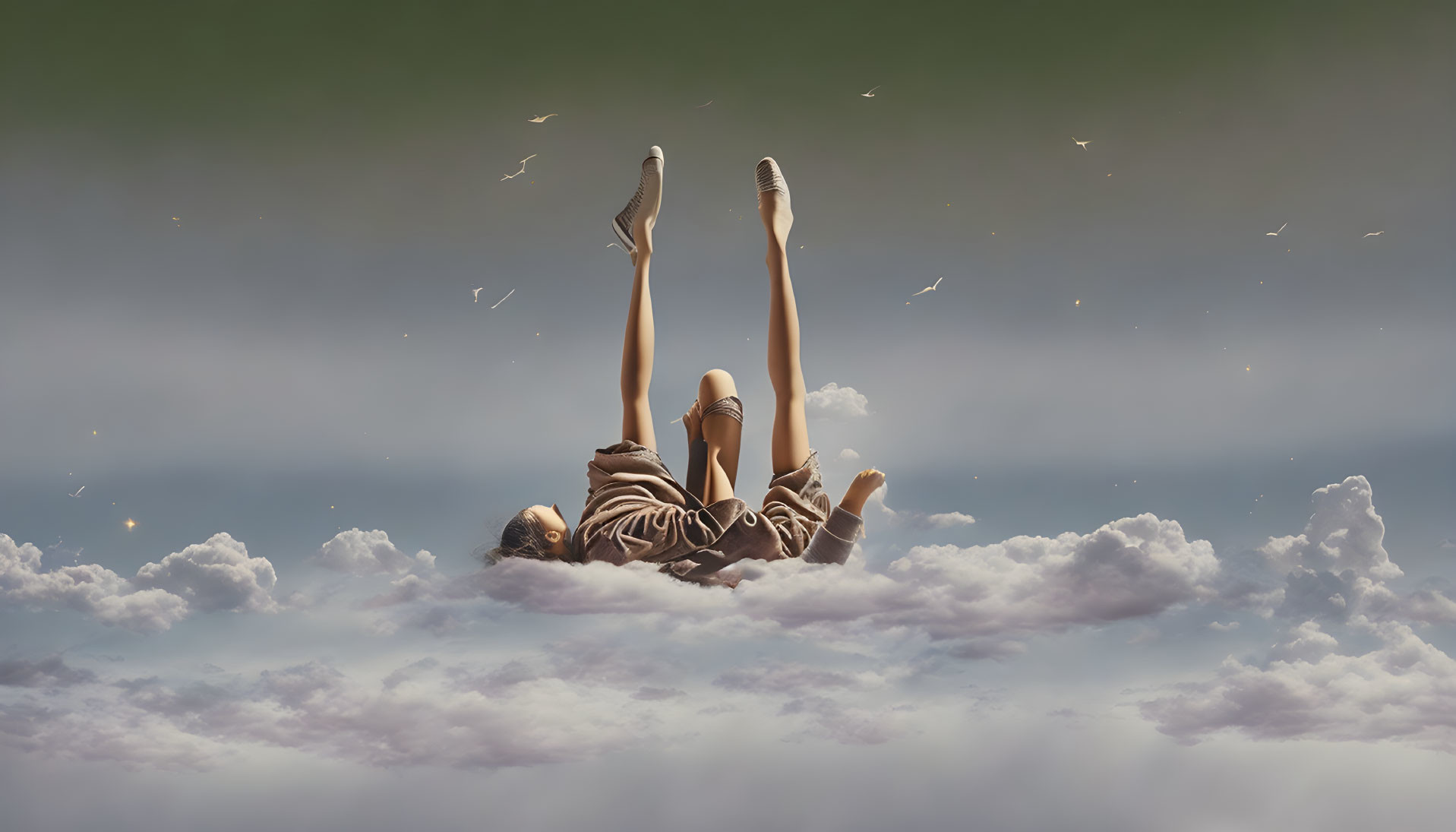 Person lounging on fluffy cloud in serene sky