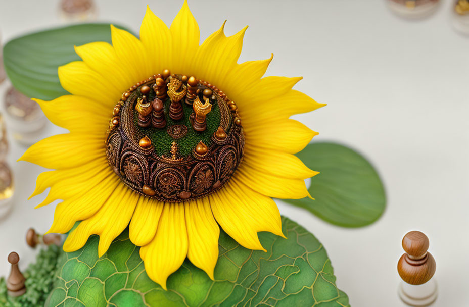 Chess-themed sunflower artwork with vibrant colors and leaf-patterned board