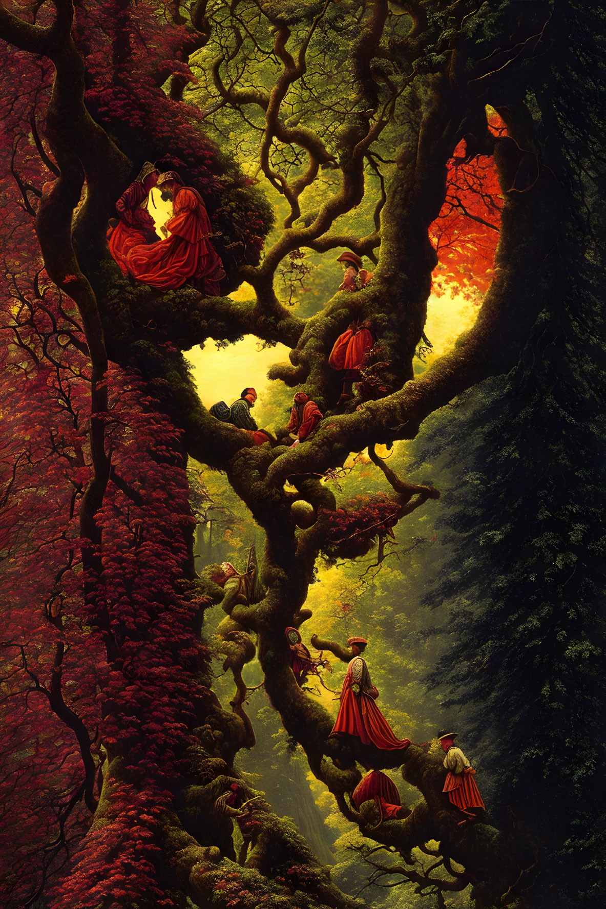 Fantastical illustration: robed figures on massive tree branches in lush forest.