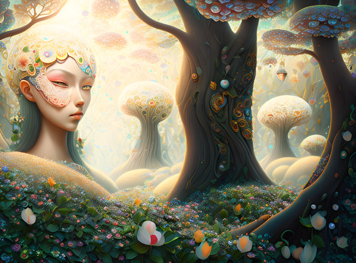 Mystical forest with vibrant flora and whimsical trees and ethereal figure in decorative mask.