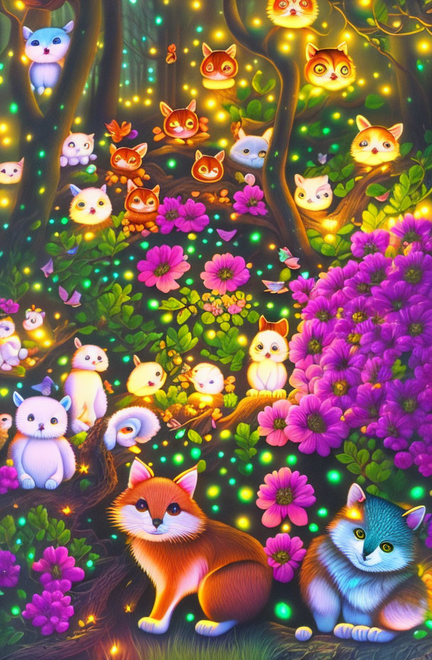 Colorful Foxes in Enchanted Forest with Glowing Eyes