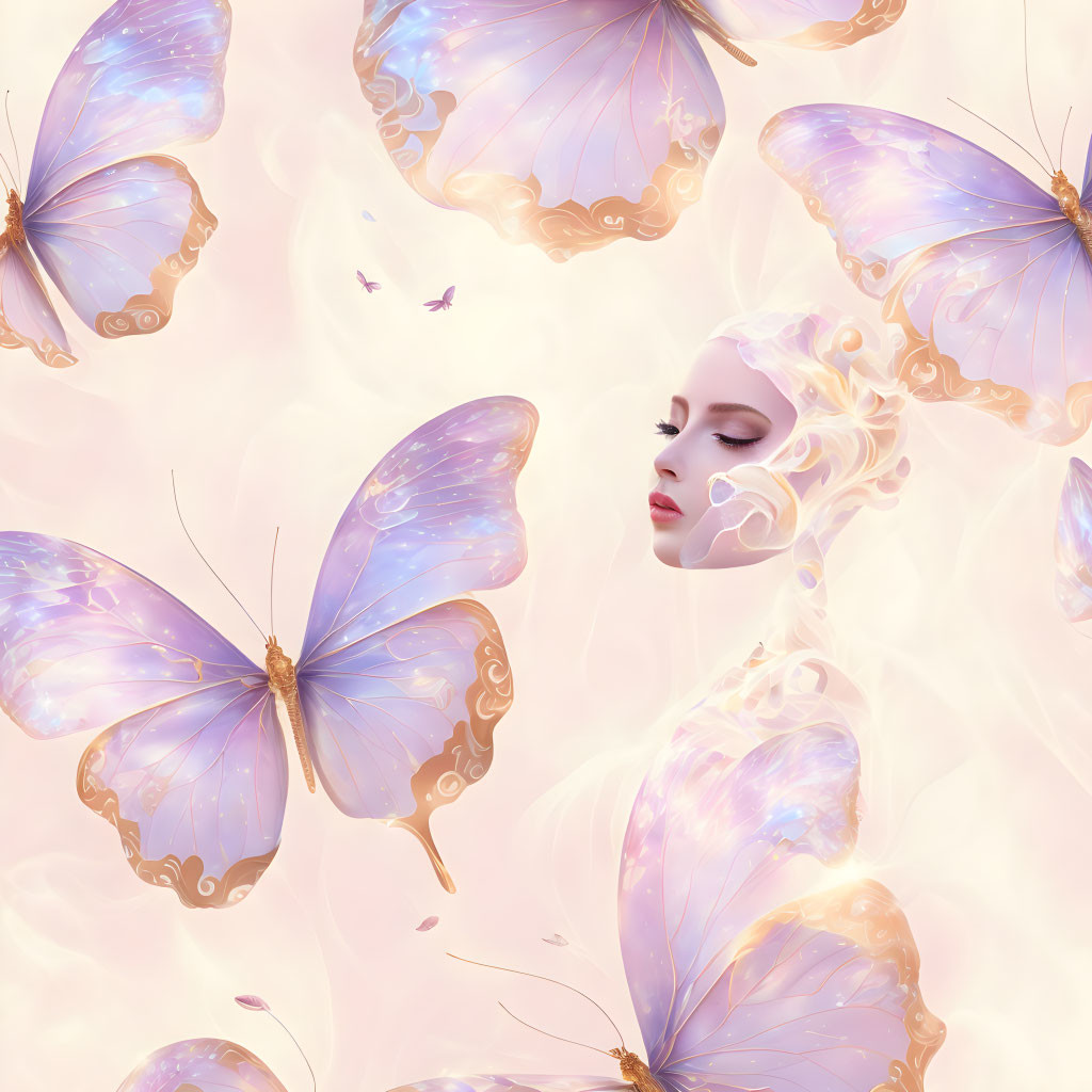 Surreal image of woman's face with butterfly wings in pastel setting