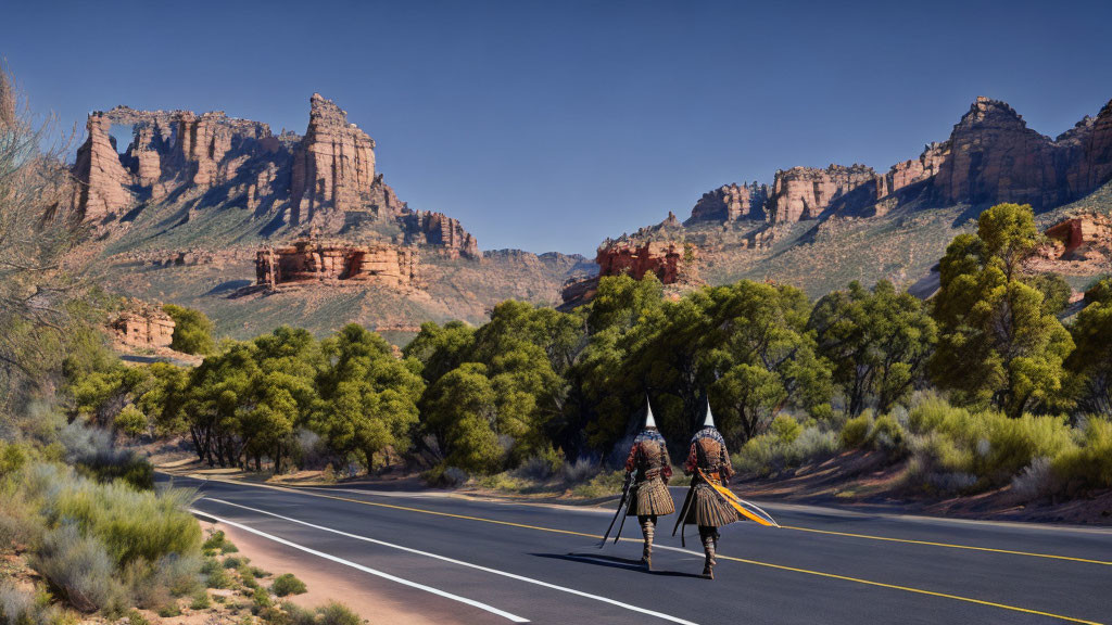 Native American attire individuals walking desert road with red rock formations