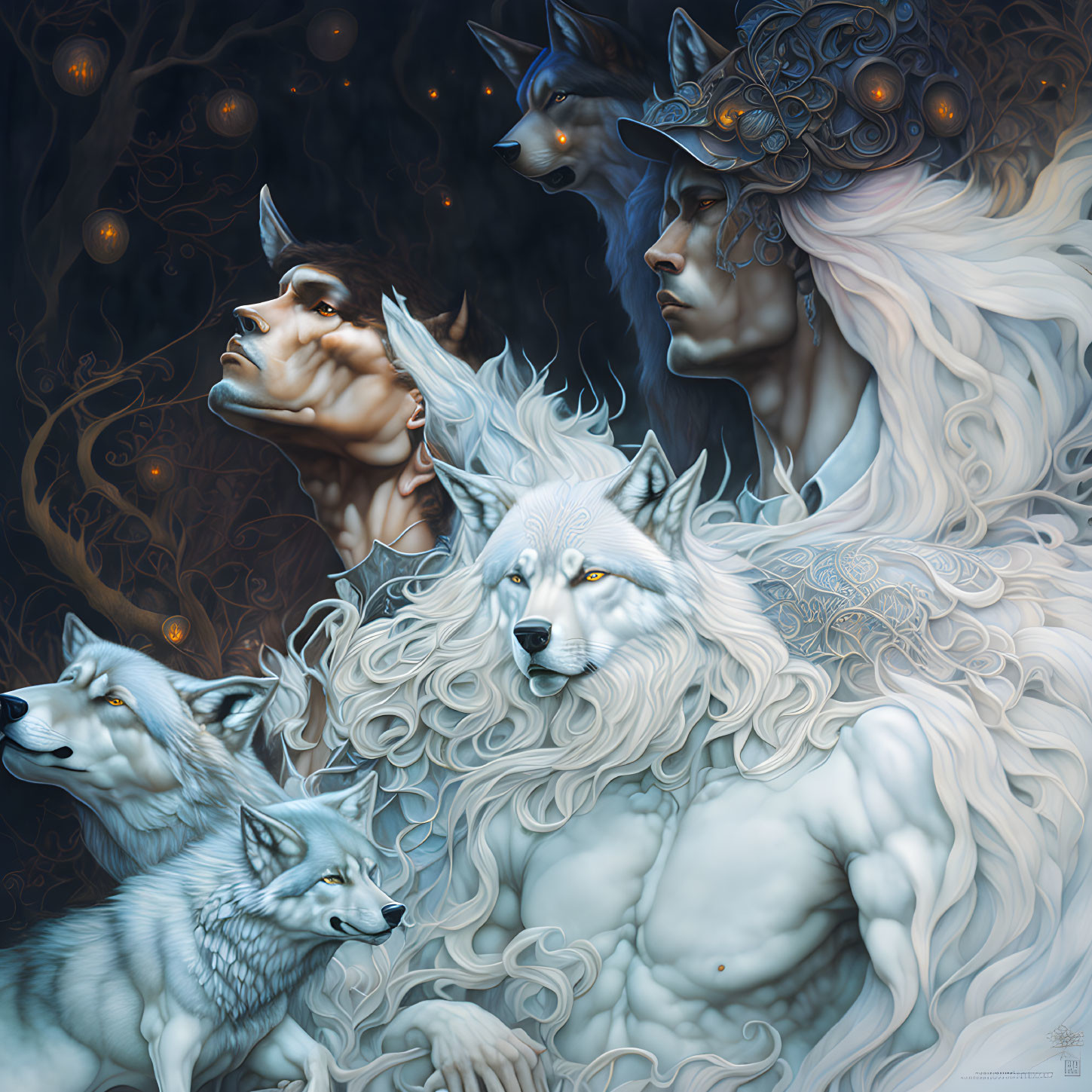 Fantasy artwork: Pale figure with wolf heads and man-wolf fusion on dark background